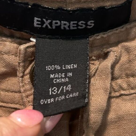 Express Womens Linen Cargo Pants 13/14 Cropped Tan Button Fly Drawstring Beach - Picture 3 of 11